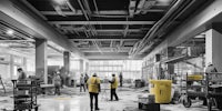 a black and white photo of construction workers in a warehouse