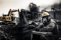 a construction worker sits on a bench in front of an excavator